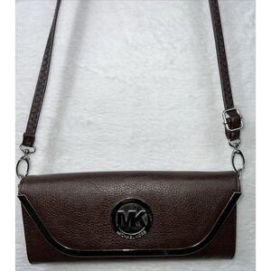 Michael Kors Wallet Envelope Clutch Brown Logo Pebbled Leather Crossbody Strap